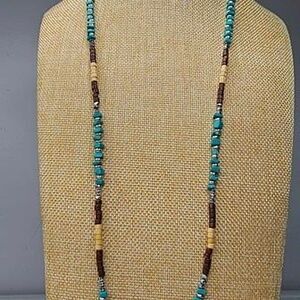 Wood Bead, Natural Stone, Silver Tone and Facet Cut Beaded Necklace 33"L